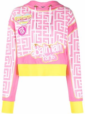 Balmain x Barbie monogram-print cropped hoodie - Pink