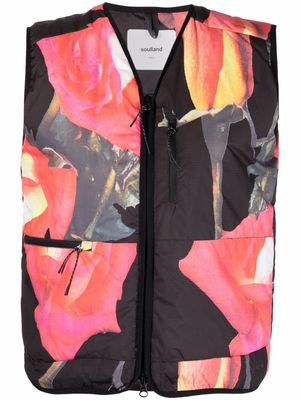 Soulland Bell floral-print padded shell vest - Black