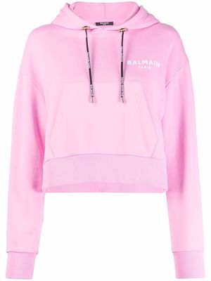 Balmain flocked logo detail cropped hoodie - Pink