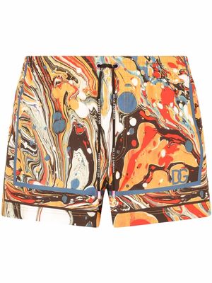 Dolce & Gabbana marbled drawstring swim shorts - Orange