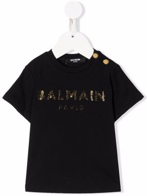Balmain Kids rhinestone-logo cotton T-Shirt - Black