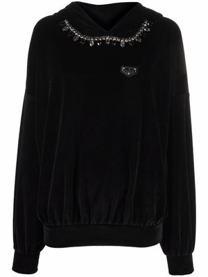 Philipp Plein crystal chain detail velvet hoodie - Black