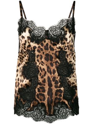 Dolce & Gabbana lace-detail leopard-print satin top - Brown