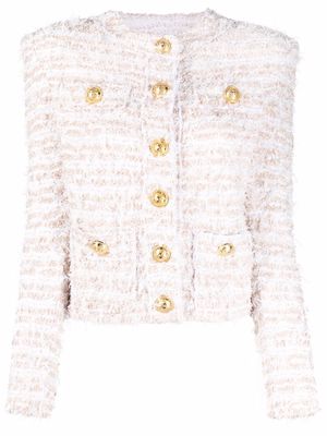 Balmain collarless tweed jacket - White