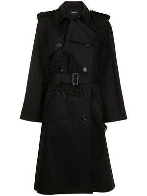 Goen.J double-breasted lace-paneled trench coat - Black