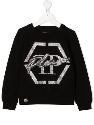 Philipp Plein Junior rhinestone logo rib-trimmed sweatshirt - Black