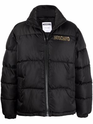 Moschino quilted down logo-print coat - Black