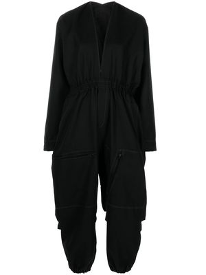 Y's deep-V gathered boiler jumpsuit - Black
