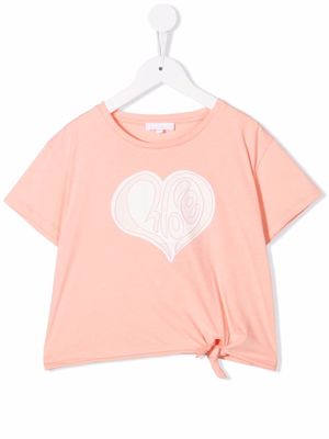 Chloé Kids tie-detail logo-heart print T-shirt - Orange