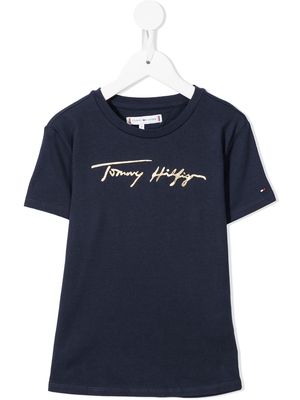 Tommy Hilfiger Junior autograph-print metallic T-shirt - Blue