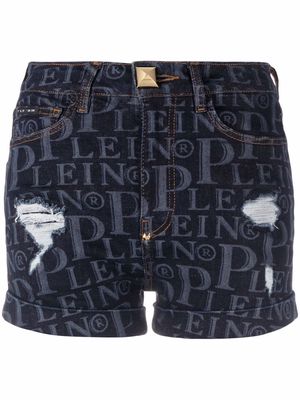 Philipp Plein all over logo pattern denim shorts - Blue