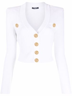Balmain logo-button cropped knitted cardigan - White