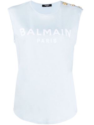 Balmain flocked logo sleeveless T-shirt - Blue