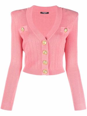 Balmain logo-button cropped knitted cardigan - Pink