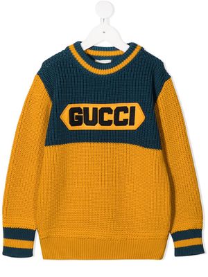 Gucci Kids Gucci patch crew neck jumper - Yellow