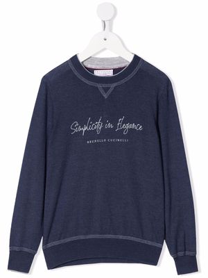 Brunello Cucinelli Kids slogan-print wool-cashmere sweatshirt - Blue