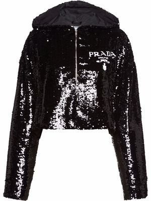 Prada sequin-embellished logo cropped hoodie - Black