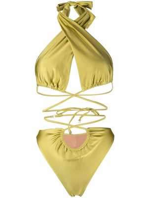 Noire Swimwear lattice-strap halterneck swimsuit - Yellow