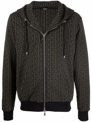 Balmain monogram-pattern zip-fastening hoodie - Green