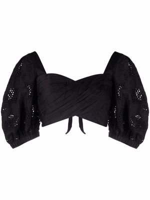 Self-Portrait lace puff-sleeves crossover cropped top - Black