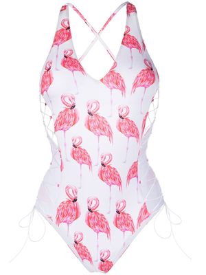 Noire Swimwear Flamingo print lace-up one-piece - White