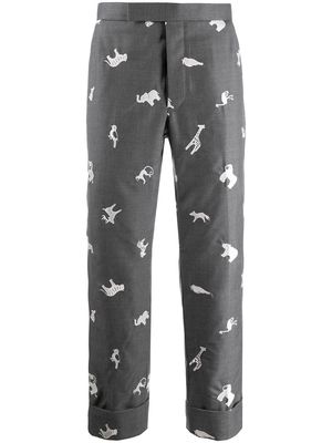 Thom Browne animal-embroidered cropped trousers - Grey