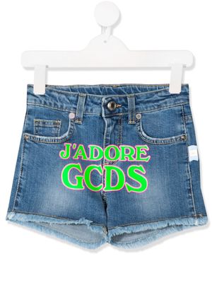 Gcds Kids printed-logo denim shorts - Blue