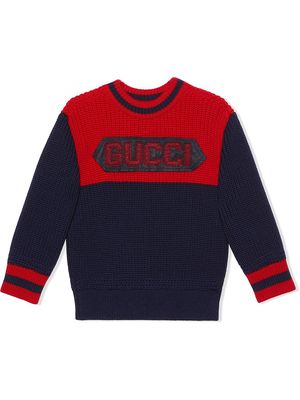Gucci Kids Gucci patch crew neck jumper - Blue
