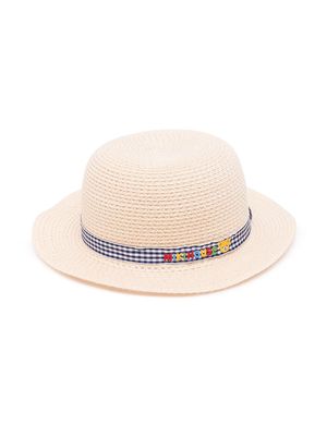 Miki House gingham-trim straw hat - Neutrals