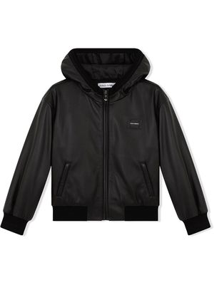 Dolce & Gabbana Kids logo-patch hooded leather coat - Black