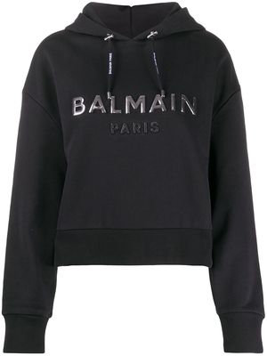Balmain logo-print cropped hoodie - Black