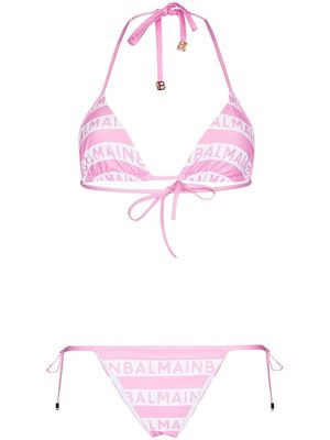 Balmain logo-print striped bikini - Pink