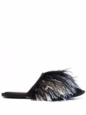 La DoubleJ feather-trim detail slippers - Black