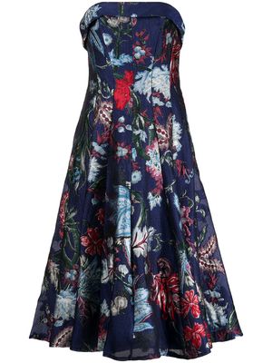 Marchesa Notte floral-print bustier-style dress - Blue