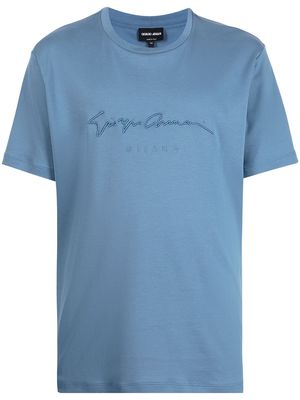 Giorgio Armani logo-embroidered cotton T-shirt - Blue