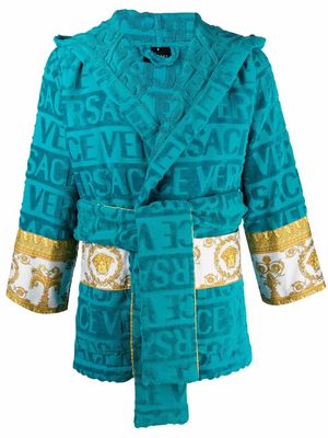 Versace logo-stripe short towelling robe - Blue