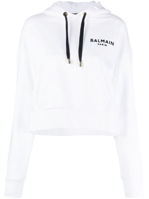 Balmain cropped flocked logo hoodie - White