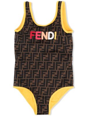 Fendi Kids FF-logo print swimsuit - Brown