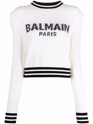 Balmain mesh-logo cropped knitted jumper - White