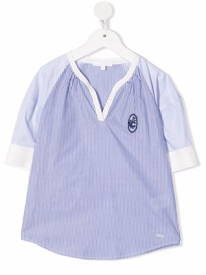 Chloé Kids contrast stripe-print logo-embroidered blouse - Blue