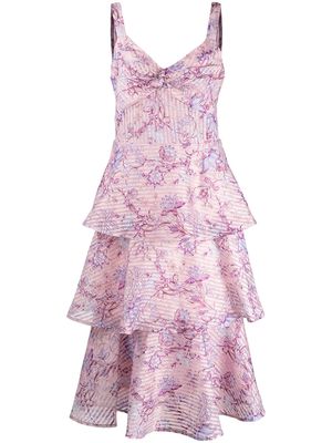 Marchesa Notte floral-print tiered flared midi dress - Pink