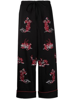 Self-Portrait tiger-embroidered cropped trousers - Black