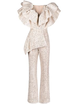 Loulou sequinnd ruffled jumpsuit - Neutrals