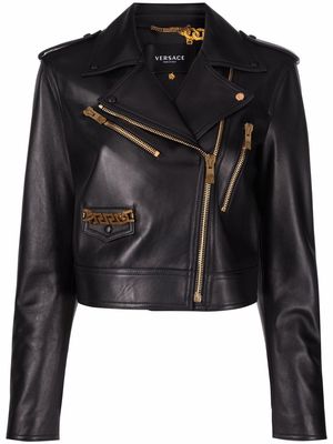 Versace logo-lining cropped biker jacket - Black
