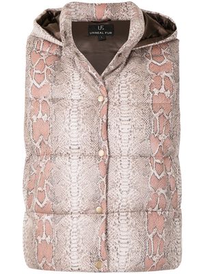 Unreal Fur python-print hooded gilet - Brown