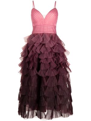 Marchesa Notte plissé-detail V-neck dress - Pink