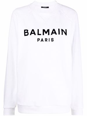 Balmain flocked logo-print raglan-sleeve sweatshirt - White