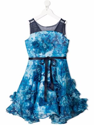 MARCHESA NOTTE MINI floral-print ruffle hem dress - Blue