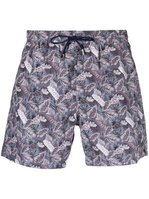 Canali leaf-print drawstring swim shorts - Blue