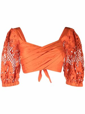 Self-Portrait lace puff-sleeves crossover cropped top - Orange
